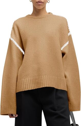 Saodimallsu Womens Sweaters Crewneck Long Sleeve Fall Chunky Knit Sweater Color Block Slouchy Loose Pullover Tops in Saudi Arabia