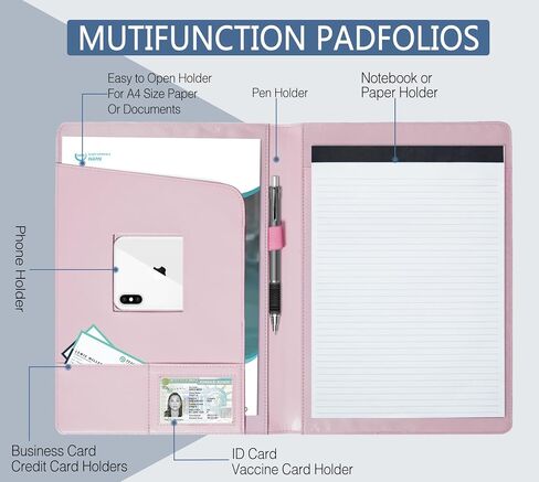 Padfolio Portfolio Organizer Legal Pad Holder Padfolio Folder Leather Portfolio Storage Clipboard Notepad with Cover for Letter Size A4 Writing Pad for Business and School Office (Pink) in Saudi Arabia