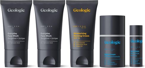 Geologie Complete Skincare Set | 30-Day 5-Piece Supply | Acne, Oil, Dark Spots | Salicylic Acid Face Wash (2 count), Retinol Night Cream, SPF15 Niacinamide Moisturizer, Dark Circle Eye Cream in Saudi Arabia