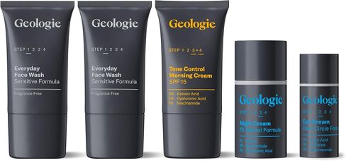 Geologie Complete Skincare Set | 30-Day 5-Piece Supply | Acne, Oil, Dark Spots | Salicylic Acid Face Wash (2 count), Retinol Night Cream, SPF15 Niacinamide Moisturizer, Dark Circle Eye Cream in Saudi Arabia