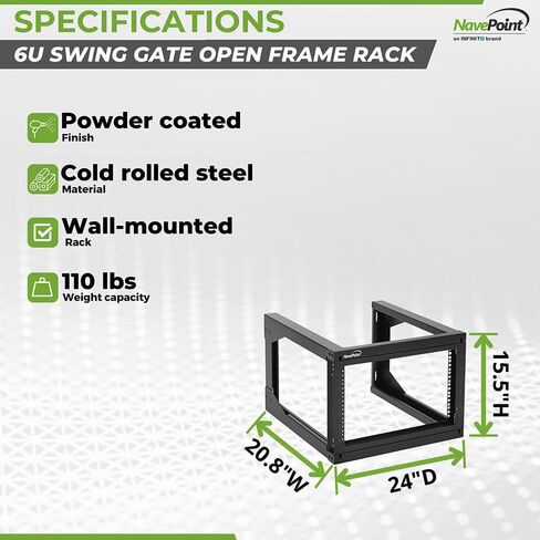 NavePoint 6U Server Rack with Swing Gate - 6U Wall Mount Rack for 19 Inch IT Equipment Open Frame Rack – Network Rack Wall Mount for AV & Server Equipment 18" Deep 6U Rack, Black in Saudi Arabia