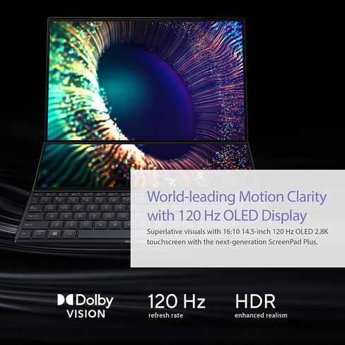 ASUS Zenbook Pro 14 Duo شاشة لمس 14.5 بوصة 16:10، معدل تحديث 120 هرتز، ScreenPad Plus، وحدة المعالجة المركزية Intel i9-13900H، NVIDIA® Geforce RTX 4060، ذاكرة الوصول العشوائي 32 جيجابايت، 1 تيرابايت SSD، Windows 11 Home، أسود تقني، UX8402VV-PS96T in Saudi Arabia