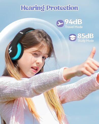 سماعات راس بلوتوث للاطفال، سماعة راس لاسلكية ملونة مع اضواء LED، ميكروفون مدمج، وقت تشغيل 45 ساعة، 85 ديسيبل/94 ديسيبل، سماعات راس محدودة للاولاد والبنات والايباد والتابلت والمدرسة والطائرة (ازرق) in Kuwait