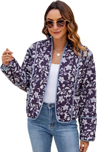 Women's Cropped Floral Puffer Jacket Cardigan Printed Lightweight Open Front Padded Quilted Coats in Saudi Arabia