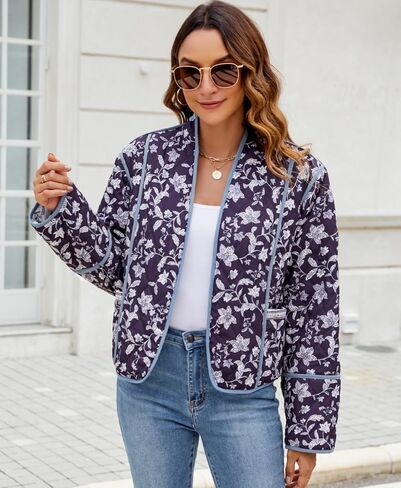 Women's Cropped Floral Puffer Jacket Cardigan Printed Lightweight Open Front Padded Quilted Coats in Saudi Arabia