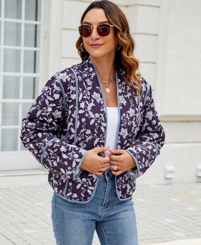 Women's Cropped Floral Puffer Jacket Cardigan Printed Lightweight Open Front Padded Quilted Coats in Saudi Arabia