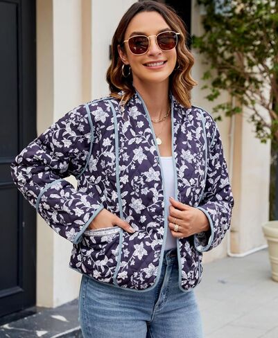 Women's Cropped Floral Puffer Jacket Cardigan Printed Lightweight Open Front Padded Quilted Coats in Saudi Arabia