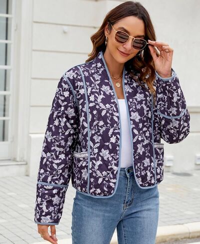 Women's Cropped Floral Puffer Jacket Cardigan Printed Lightweight Open Front Padded Quilted Coats in Saudi Arabia