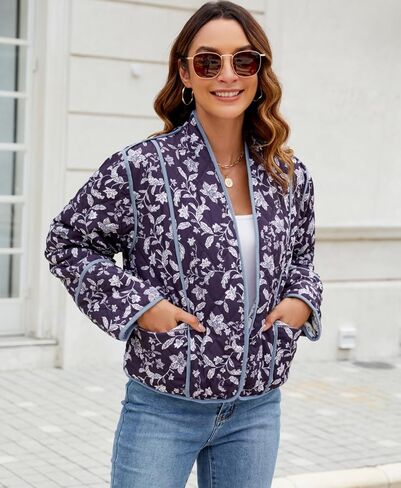 Women's Cropped Floral Puffer Jacket Cardigan Printed Lightweight Open Front Padded Quilted Coats in Saudi Arabia