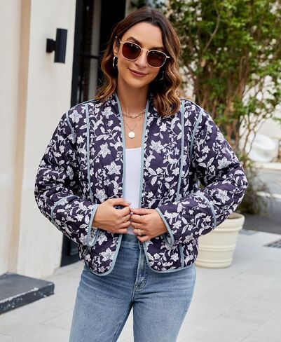 Women's Cropped Floral Puffer Jacket Cardigan Printed Lightweight Open Front Padded Quilted Coats in Saudi Arabia