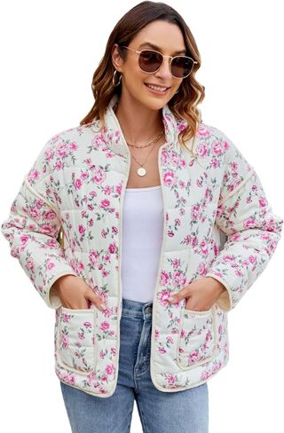 Women's Cropped Floral Puffer Jacket Cardigan Printed Lightweight Open Front Padded Quilted Coats in Saudi Arabia