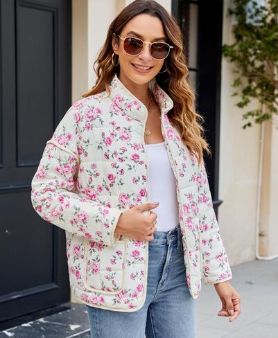 Women's Cropped Floral Puffer Jacket Cardigan Printed Lightweight Open Front Padded Quilted Coats in Saudi Arabia