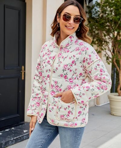 Women's Cropped Floral Puffer Jacket Cardigan Printed Lightweight Open Front Padded Quilted Coats in Saudi Arabia