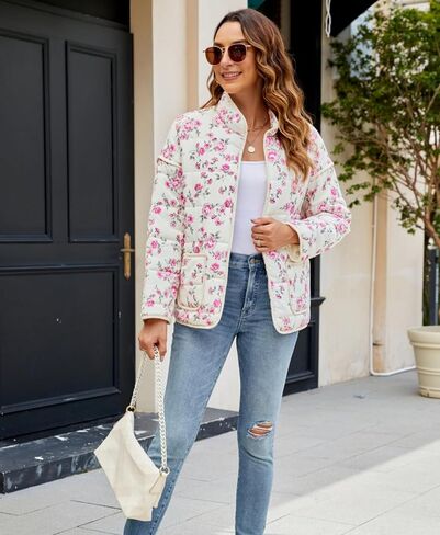 Women's Cropped Floral Puffer Jacket Cardigan Printed Lightweight Open Front Padded Quilted Coats in Saudi Arabia