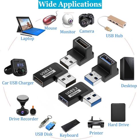 Warmstor 4 Pack 10Gbps USB 3.0 Male to Female Adapter 90 Degree Left Angle and Right Angle USB Cable Extension Connector Aluminum Alloy Shell Support 3A Charging Speed in Kuwait