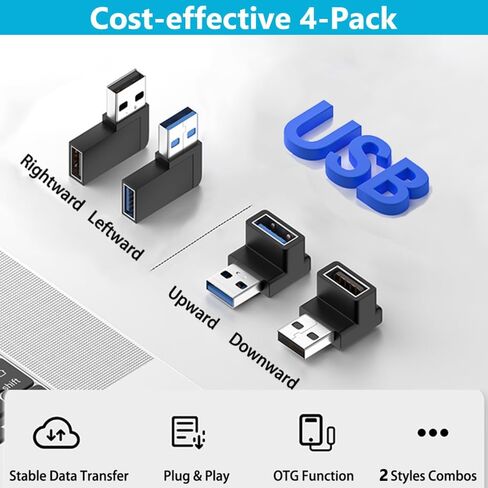 Warmstor 4 Pack 10Gbps USB 3.0 Male to Female Adapter 90 Degree Left Angle and Right Angle USB Cable Extension Connector Aluminum Alloy Shell Support 3A Charging Speed in Kuwait