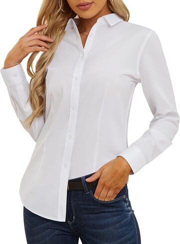 CUNLIN Womens Cotton Button Down Shirts for Women Fitted Long Sleeve Formal Dress Shirt Work Blouses Tops in Kuwait