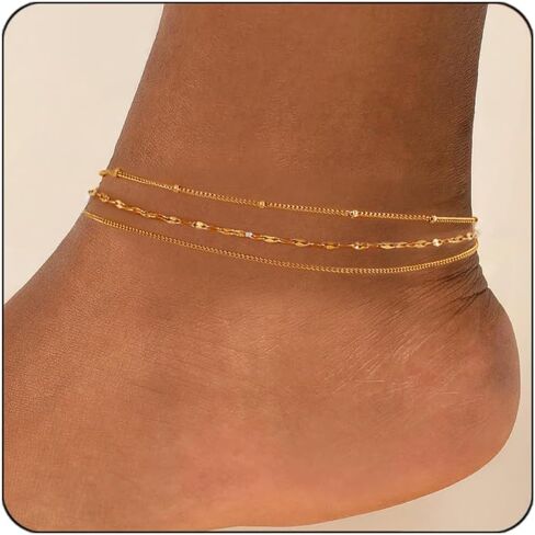 Gold Ankle Bracelets For Women Waterproof,18k Gold Plated Anklets Layered Thin Snake Chain Herringbone Anklets Non Tarnish Stainless Steel Dainty Summer Jewelry Set Gift For Women in Kuwait