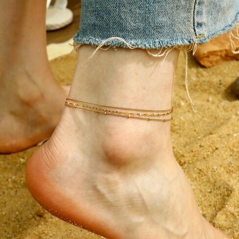 Gold Ankle Bracelets For Women Waterproof,18k Gold Plated Anklets Layered Thin Snake Chain Herringbone Anklets Non Tarnish Stainless Steel Dainty Summer Jewelry Set Gift For Women in Kuwait