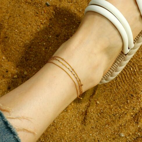 Gold Ankle Bracelets For Women Waterproof,18k Gold Plated Anklets Layered Thin Snake Chain Herringbone Anklets Non Tarnish Stainless Steel Dainty Summer Jewelry Set Gift For Women in Kuwait