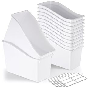 24 Pcs Book Bin with 48 Pcs Labels Stackable Plastic Organizing Bins 11.5 x 5.4 x 7.5 Book Holders for Classroom Book Box Book Baskets for Classroom Library Home School Supplies (Mixed Color)