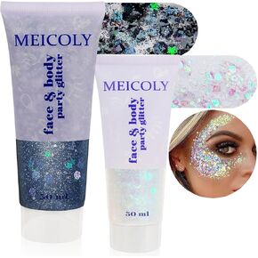 MEICOLY قطعتان من ملمع جسم الوجه، ملحقات حفلات المغني، جل لامع للوجه على شكل حورية البحر، طلاء وجه لامع بالترتر المتلألئ، لمعان مكتنز لشعر شفاه العين، 100 مل، أبيض + وردي