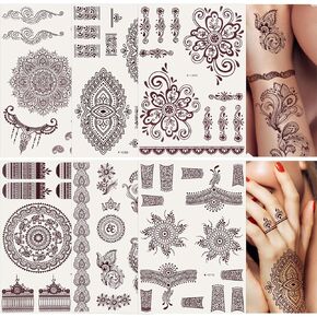 AHIER Henna Tattoo, 6 Sheets Henna Stickers, Waterproof Red Henna Tattoo Stickers for Women