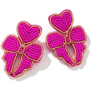 Beaded Bow Dangle Earrings Cute - Handmade Statement Ribbon Drop Earrings for Party or Wedding
