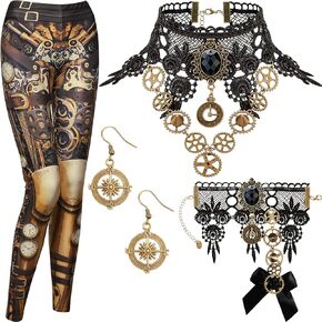 Hicarer Steampunk Retro Leggings Vintage Lace Gothic Lolita Choker Necklace Bracelet Earrings Set for Women Cosplay Halloween in Saudi Arabia