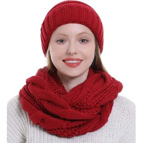 Double Couple 3pcs Winter Beanie Hat Scarf and Touch Screen Gloves Set for Women Knit Hat with Faux Fur Ball Scarves Glove