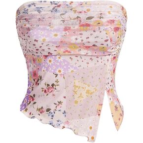 Milumia Girl's Floral Strapless Mesh Tube Tops Lettuce Trim Ruched Slit Bandeau Tops