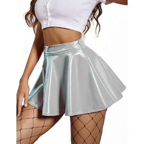 Avidlove Leather Skirt for Women Shiny Stretchy Mini A-Line Flared Skater Skirt Red L
