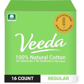 Veeda 100% Natural Cotton Applicator Free Tampons, Unscented, 16 Count