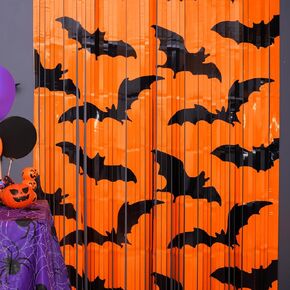 Mega-L Halloween Party Decorations 2 Pack Green Orange Purple Bat Pattern Photo Booth Props, 3.3 X 6.6 ft Halloween Foil Fringe Curtains, Halloween Photo Backdrop Streamers Halloween Party Supplies