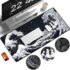 Topographic Contour Large Mouse Pad, Gaming Mouse Pad Desk Pad, Extended Japanese Ukiyo-e Gaming Mousepad 31.5x11.8inch Mouse Mat with 3mm Non-Slip Base for Gaming Home Office Work