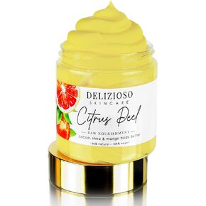 Citrus Peel 100% Natural & Vegan Raw Nourishment Body Butter - Cocoa, Shea & Mango Butter - Rich, Quick Absorbing Moisturizer For Full Body, Hands & Feet - Handmade, Cruelty Free, with Organics, Delizioso Skincare - 8 oz