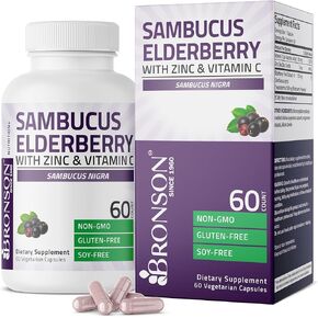 Bronson Sambucus Elderberry with Zinc & Vitamin C Triple Immune Support Complex Immune & Antioxidant Protection, Non-GMO, 60 Vegetarian Capsules