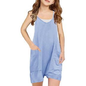 Girl's Casual Sleeveless Short Jumpsuits V Neck Spaghetti Strap Romper with Pocets