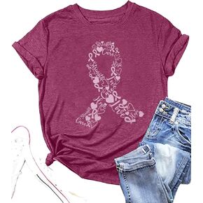 Cancer Shirts Women Pink Ribbon Graphic Tee Cure Breast Cancer Awareness Tshirt Inspirational Short Sleeve Tops