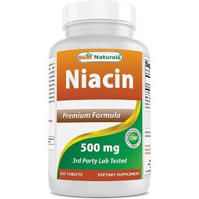 Best Naturals Niacin 500mg 250 Tablets with Flushing - Also Called Vitamin B3