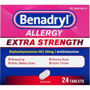 Benadryl Extra Strength Antihistamine Allergy Relief Medicine, 50 mg Diphenhydramine HCl Tablets for Relief of Allergy Symptoms Due to Hay Fever or Other Upper Respiratory Allergies, 24 ct