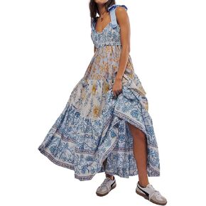 Women Floral Maxi Dress Sleeveless Tie Shoulder Bohemian Flowy Smocked Dresses Casual Summer Sundress with Pockets