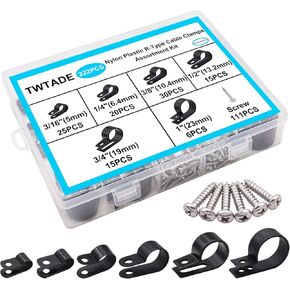 TWTADE 306PCS Black Cable Clamps Nylon Plastic R-Type 6 Sizes 3/16'' 1/4'' 3/8'' 1/2'' 3/4'' 1'' Cable Mounting Wire Clips Assortment Kit with Screws for Wire Management H-049
