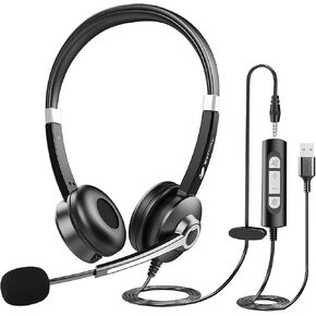 USB Computer Headset with Microphone for Laptop PC,3.5mm Wired Stereo Call Center Headset with Microphone Noise Cancelling, Corded Desktop Headphones with Mic & Mute for Office/Telework/Home/Kids/Zoom