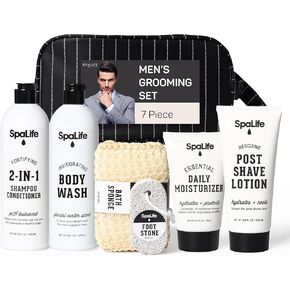 SpaLife 7-Piece Bath and Body Men Grooming Gift Set - 2-in-1 Shampoo & Conditioner, Body Wash, Daily Moisturizer, Post-Shave Lotion, Bath Sponge & Foot Stone for Luxurious At-Home Spa