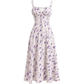 Women Floral Corset Dress Sleeveless Square Neck Spaghetti Straps Dress Boho Holiday Flowy Midi Bustier Sundress