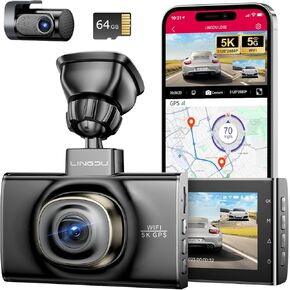 LINGDU LD02 5K Dual Dash Cam 5 جيجا هرتز WiFi / GPS، 4K + 2K Dash Cam أمامي وخلفي، رؤية ليلية فائقة، WDR، وضع وقوف السيارات، كاميرا Dash للسيارات مع التطبيق، G-Sensor، التحكم الصوتي، بطاقة 64 جيجابايت متضمنة