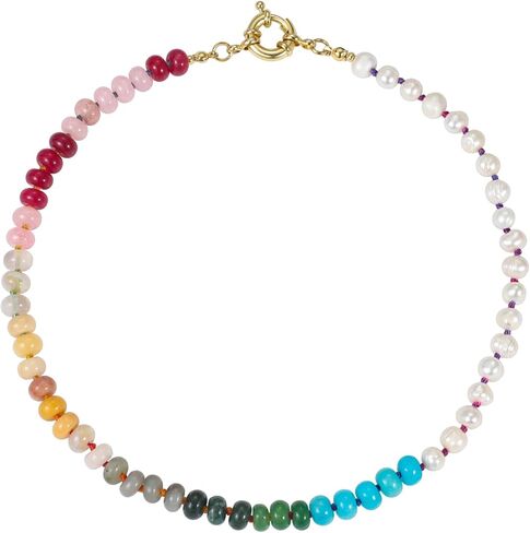 Beaded Gemstone Necklace for Women, Colorful Boho Bead Choker Necklace Natural Stone Freshwater Pearl Surfer Beach Necklace 14K Gold Plated Summer Handmade Jewelry Gifts in Saudi Arabia