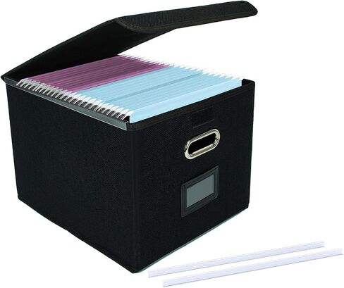 Portable File Organizer Box with Lid with Plastic Slide, Decorative Collapsible Linen Hanging Home/Office Filing System Box for File and Folders Storage Collapsible Linen File Box for Letter… in Saudi Arabia