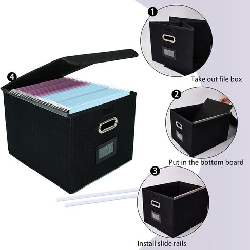 Portable File Organizer Box with Lid with Plastic Slide, Decorative Collapsible Linen Hanging Home/Office Filing System Box for File and Folders Storage Collapsible Linen File Box for Letter… in Saudi Arabia